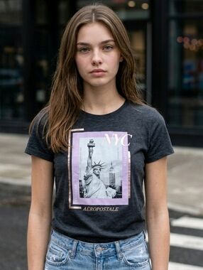 NWT Aeropostale Jr's Charcoal Heather Tee with Statue Of Liberty & NYC Boroughs